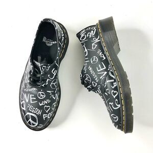 Dr. Martens Black and White Graphic Flats Peace, Love, Freedom